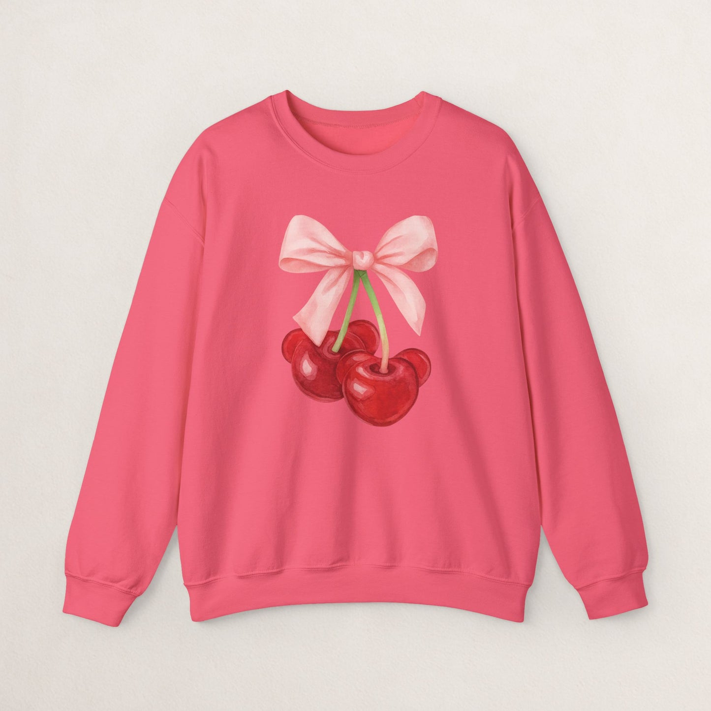 Cherry Bow Crewneck Sweatshirt, Cozy Cherry Sweatshirt, Cute Fruit Apparel, Gift for Her, Casual Fall Fashion