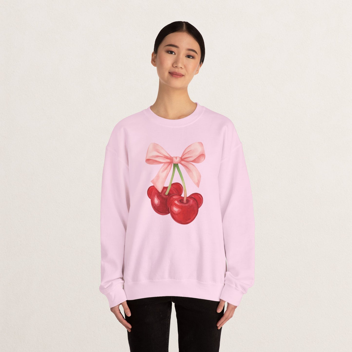 Cherry Bow Crewneck Sweatshirt, Cozy Cherry Sweatshirt, Cute Fruit Apparel, Gift for Her, Casual Fall Fashion