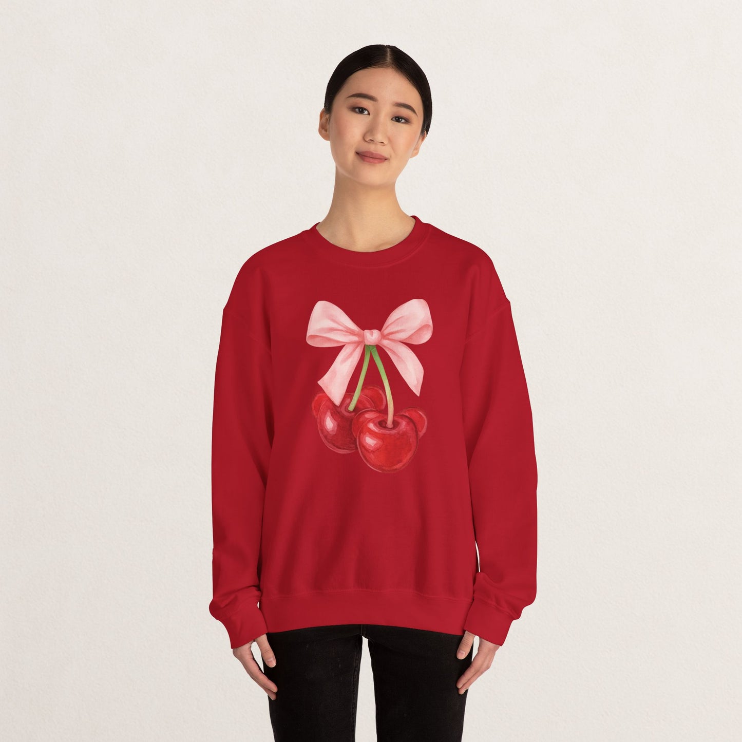 Cherry Bow Crewneck Sweatshirt, Cozy Cherry Sweatshirt, Cute Fruit Apparel, Gift for Her, Casual Fall Fashion