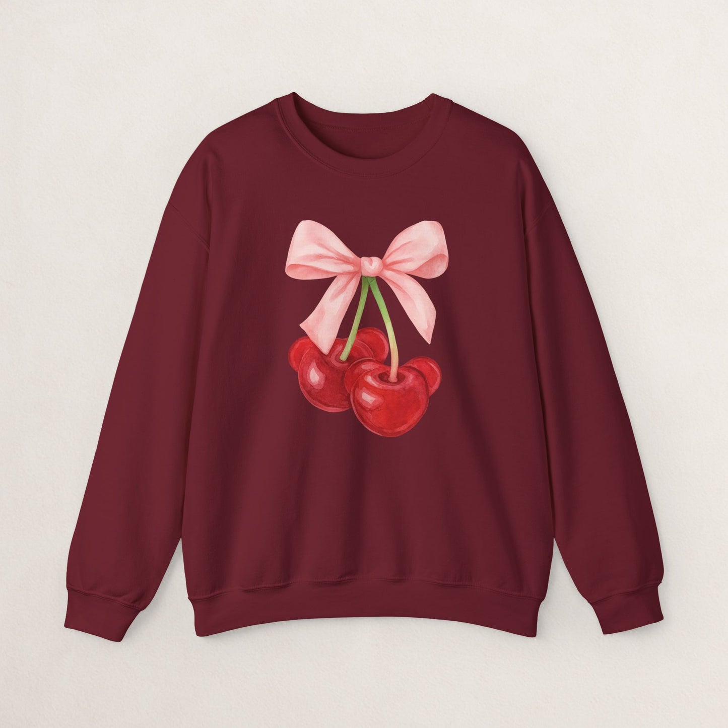 Cherry Bow Crewneck Sweatshirt, Cozy Cherry Sweatshirt, Cute Fruit Apparel, Gift for Her, Casual Fall Fashion