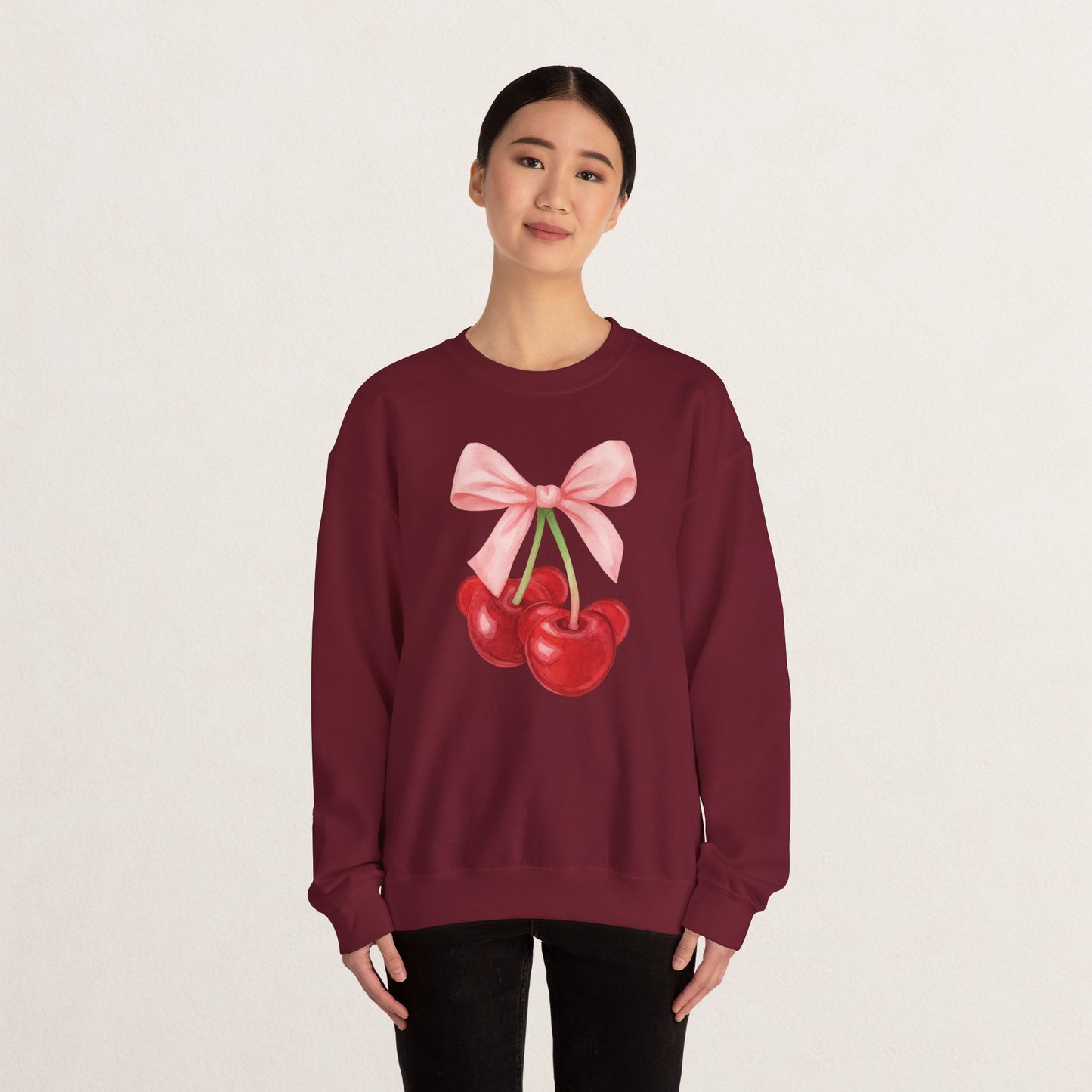 Cherry Bow Crewneck Sweatshirt, Cozy Cherry Sweatshirt, Cute Fruit Apparel, Gift for Her, Casual Fall Fashion