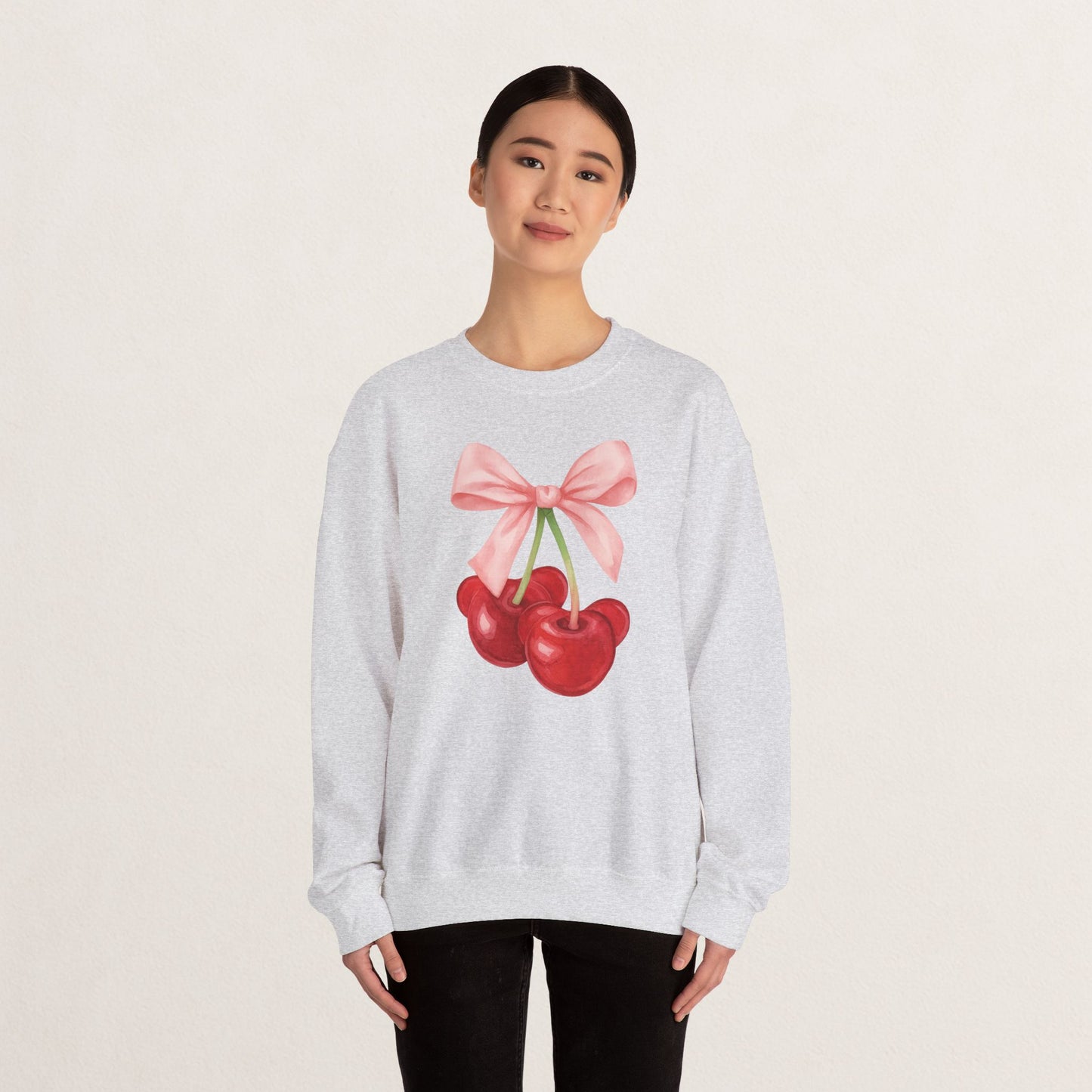 Cherry Bow Crewneck Sweatshirt, Cozy Cherry Sweatshirt, Cute Fruit Apparel, Gift for Her, Casual Fall Fashion