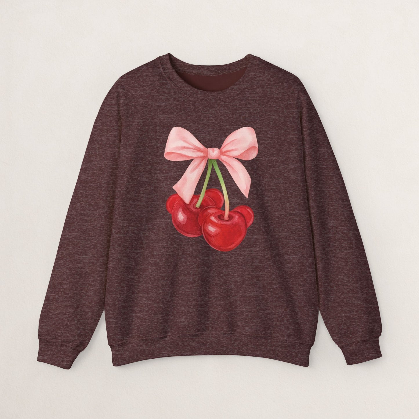 Cherry Bow Crewneck Sweatshirt, Cozy Cherry Sweatshirt, Cute Fruit Apparel, Gift for Her, Casual Fall Fashion