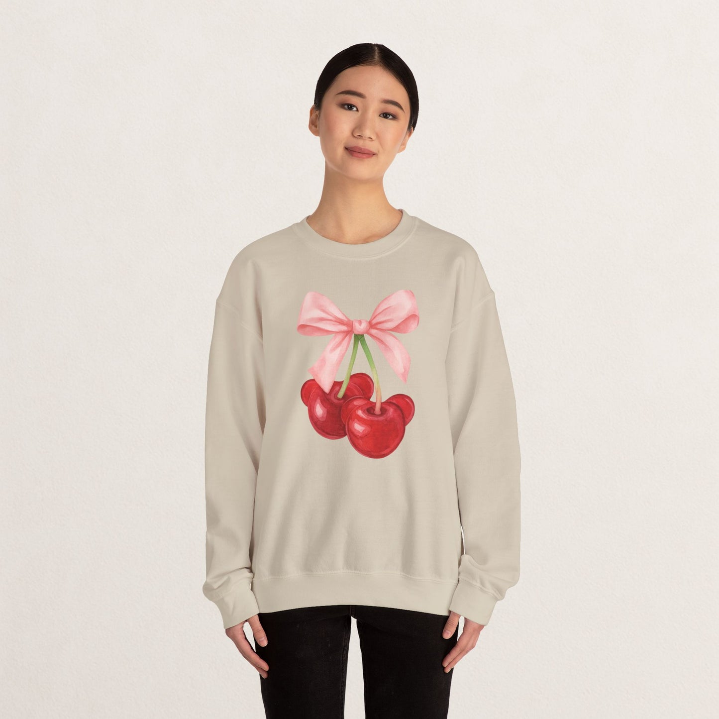 Cherry Bow Crewneck Sweatshirt, Cozy Cherry Sweatshirt, Cute Fruit Apparel, Gift for Her, Casual Fall Fashion