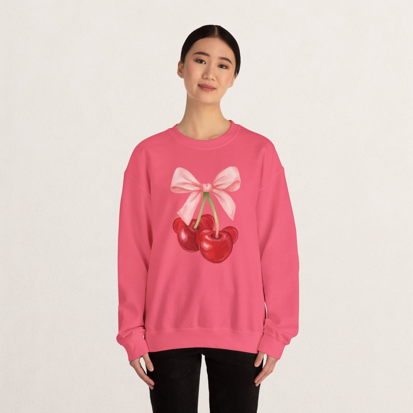 Cherry Bow Crewneck Sweatshirt, Cozy Cherry Sweatshirt, Cute Fruit Apparel, Gift for Her, Casual Fall Fashion
