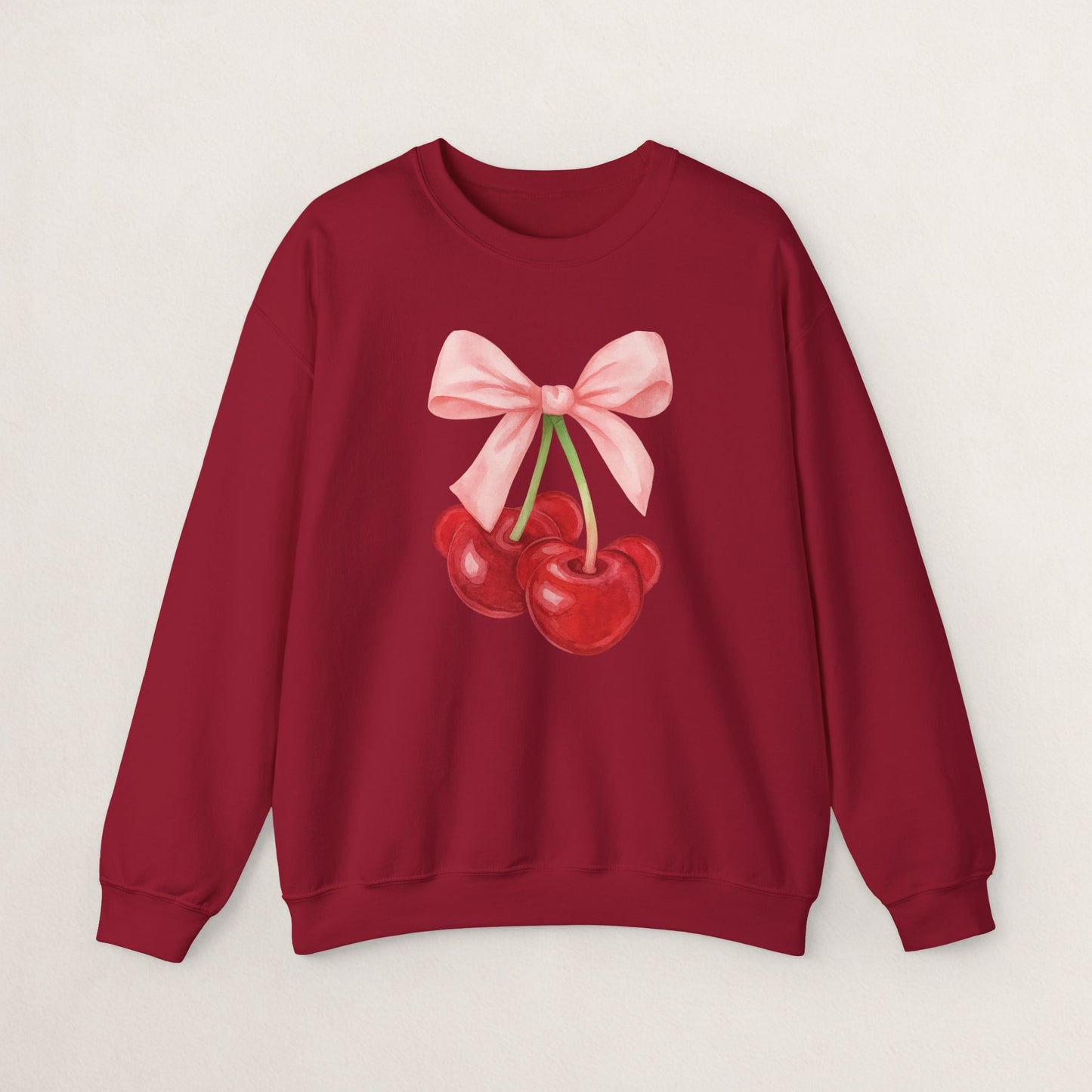 Cherry Bow Crewneck Sweatshirt, Cozy Cherry Sweatshirt, Cute Fruit Apparel, Gift for Her, Casual Fall Fashion