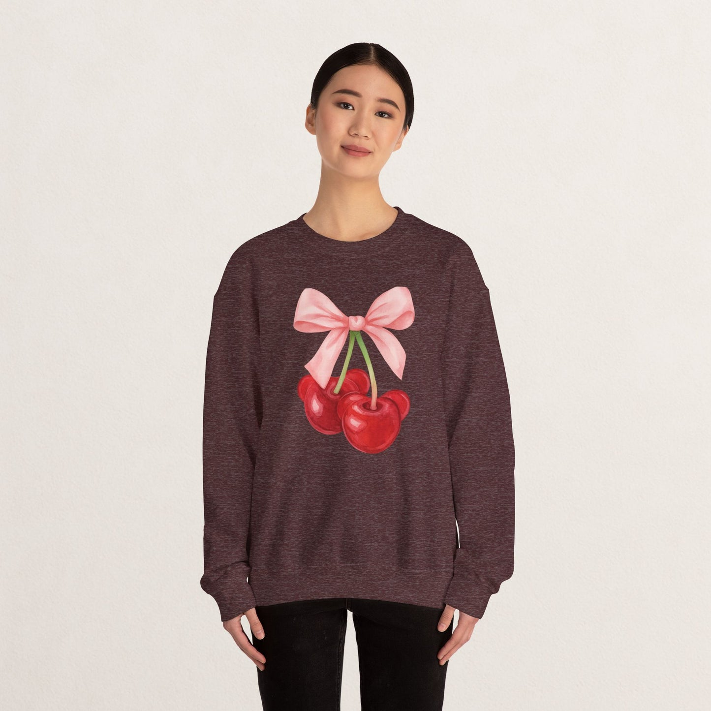 Cherry Bow Crewneck Sweatshirt, Cozy Cherry Sweatshirt, Cute Fruit Apparel, Gift for Her, Casual Fall Fashion