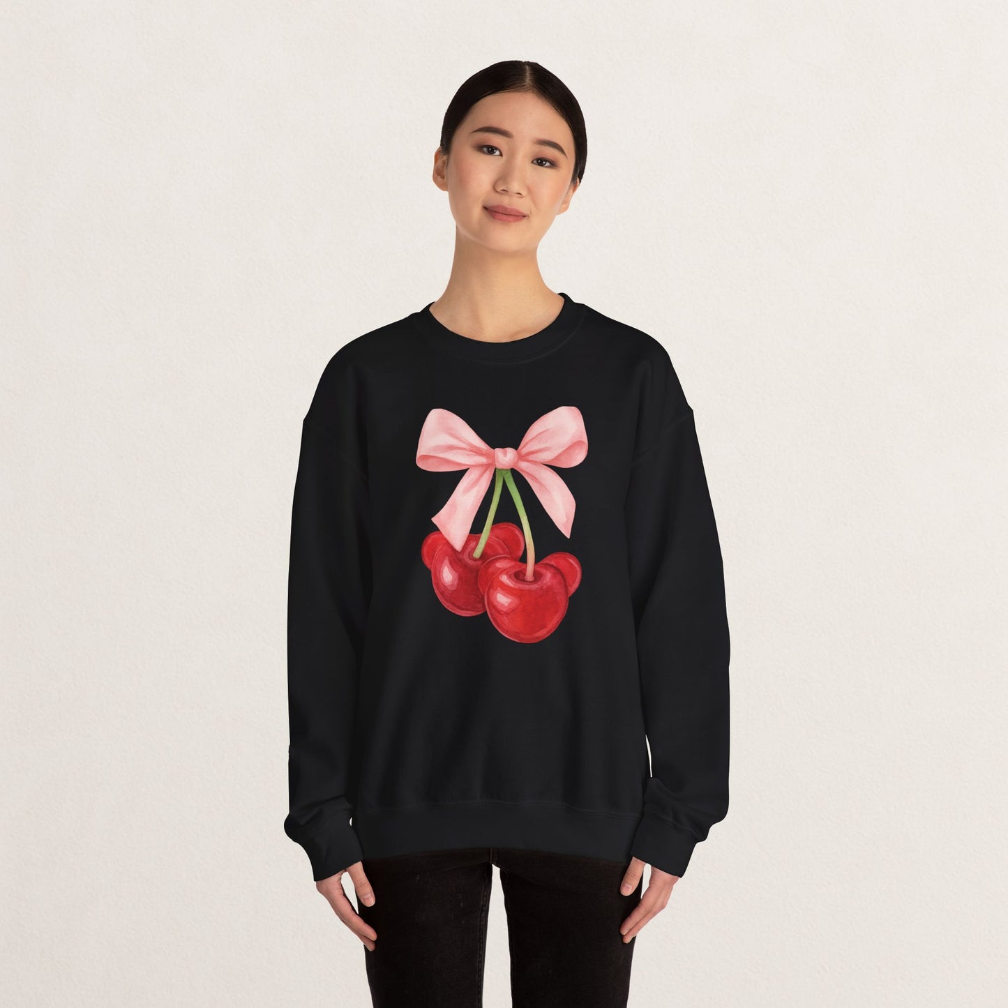 Cherry Bow Crewneck Sweatshirt, Cozy Cherry Sweatshirt, Cute Fruit Apparel, Gift for Her, Casual Fall Fashion