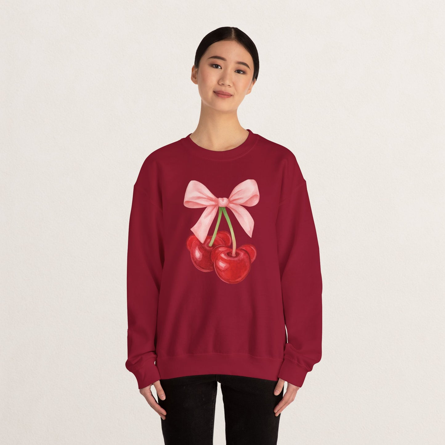 Cherry Bow Crewneck Sweatshirt, Cozy Cherry Sweatshirt, Cute Fruit Apparel, Gift for Her, Casual Fall Fashion