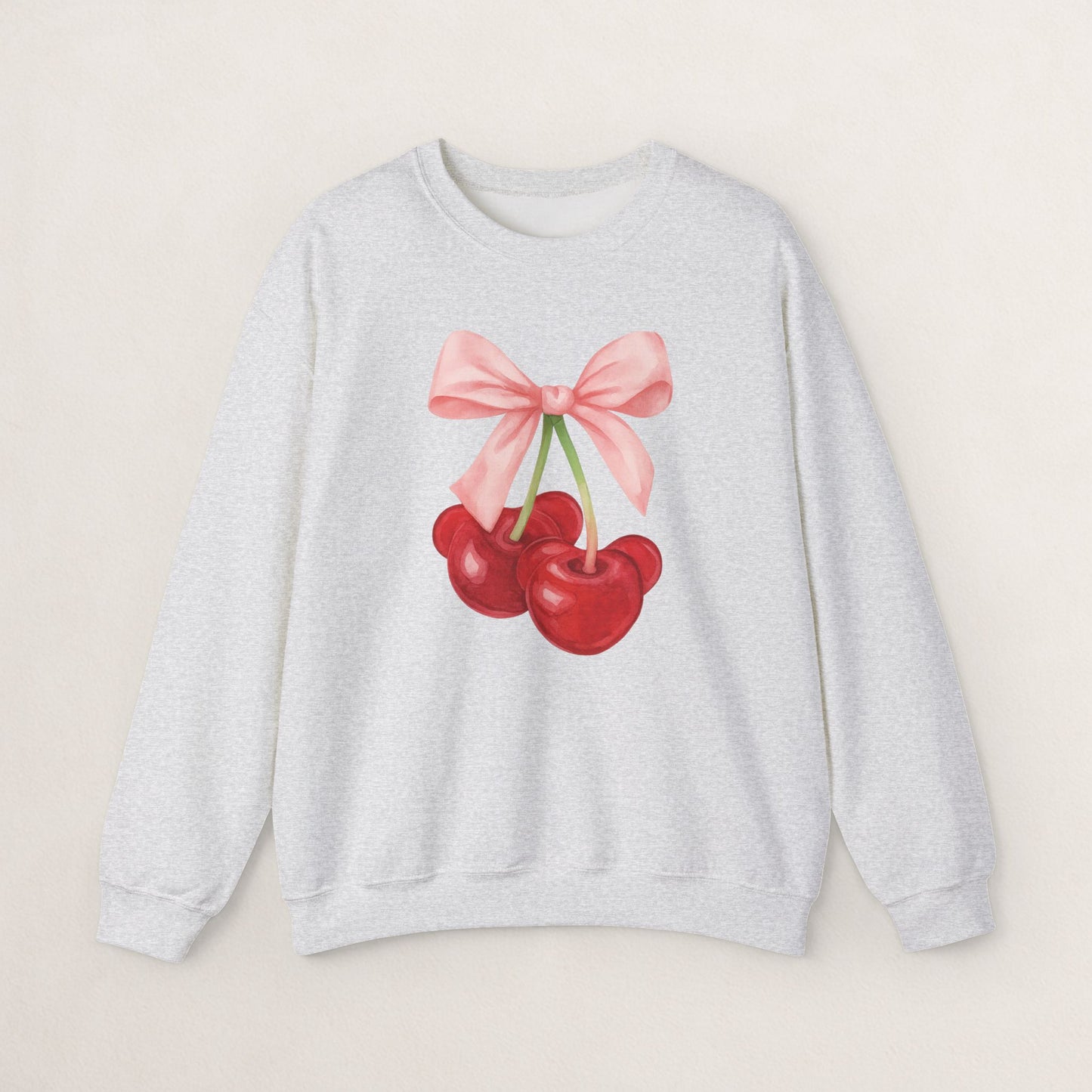 Cherry Bow Crewneck Sweatshirt, Cozy Cherry Sweatshirt, Cute Fruit Apparel, Gift for Her, Casual Fall Fashion