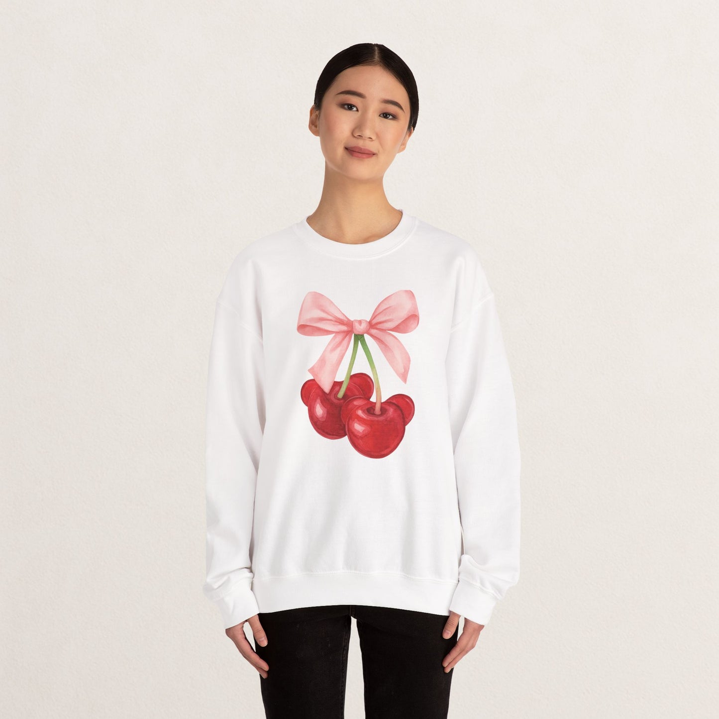 Cherry Bow Crewneck Sweatshirt, Cozy Cherry Sweatshirt, Cute Fruit Apparel, Gift for Her, Casual Fall Fashion