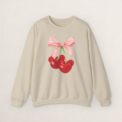 Cherry Bow Crewneck Sweatshirt, Cozy Cherry Sweatshirt, Cute Fruit Apparel, Gift for Her, Casual Fall Fashion