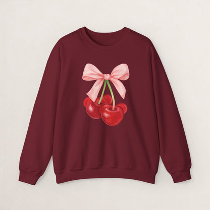 Cherry Bow Crewneck Sweatshirt, Cozy Cherry Sweatshirt, Cute Fruit Apparel, Gift for Her, Casual Fall Fashion