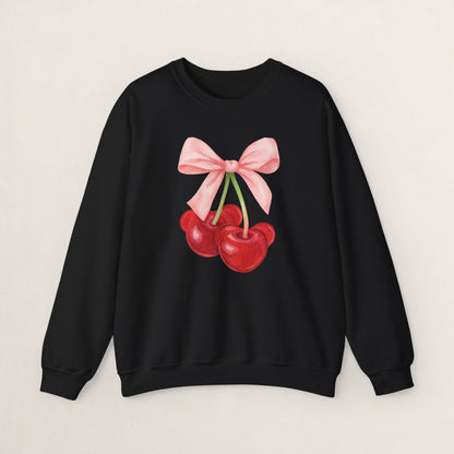 Cherry Bow Crewneck Sweatshirt, Cozy Cherry Sweatshirt, Cute Fruit Apparel, Gift for Her, Casual Fall Fashion