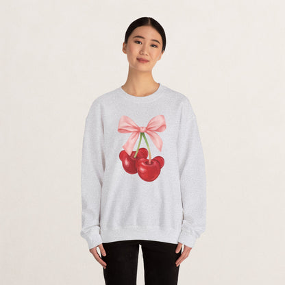 Cherry Bow Crewneck Sweatshirt, Cozy Cherry Sweatshirt, Cute Fruit Apparel, Gift for Her, Casual Fall Fashion