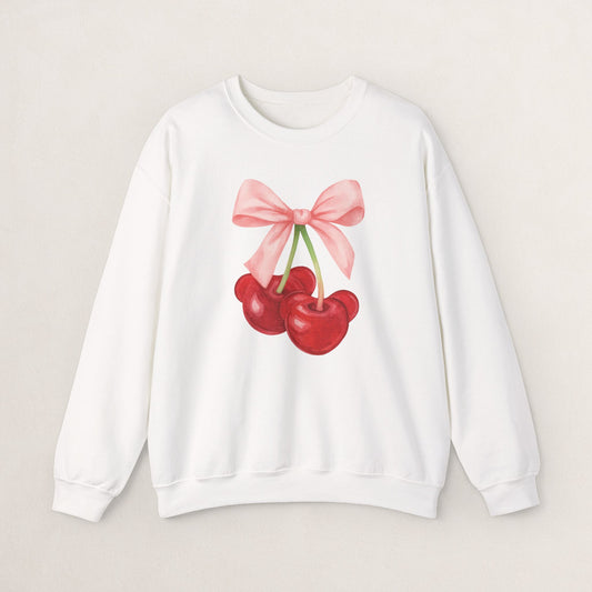 Cherry Bow Crewneck Sweatshirt, Cozy Cherry Sweatshirt, Cute Fruit Apparel, Gift for Her, Casual Fall Fashion
