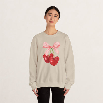 Cherry Bow Crewneck Sweatshirt, Cozy Cherry Sweatshirt, Cute Fruit Apparel, Gift for Her, Casual Fall Fashion