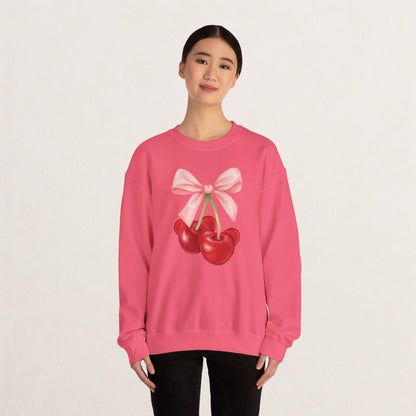 Cherry Bow Crewneck Sweatshirt, Cozy Cherry Sweatshirt, Cute Fruit Apparel, Gift for Her, Casual Fall Fashion