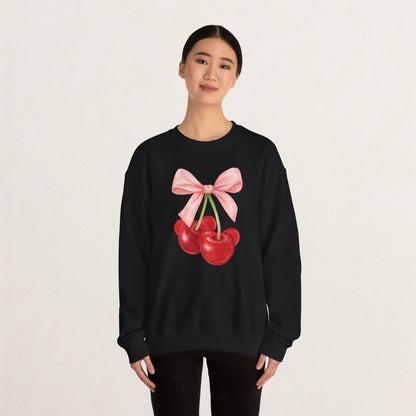 Cherry Bow Crewneck Sweatshirt, Cozy Cherry Sweatshirt, Cute Fruit Apparel, Gift for Her, Casual Fall Fashion
