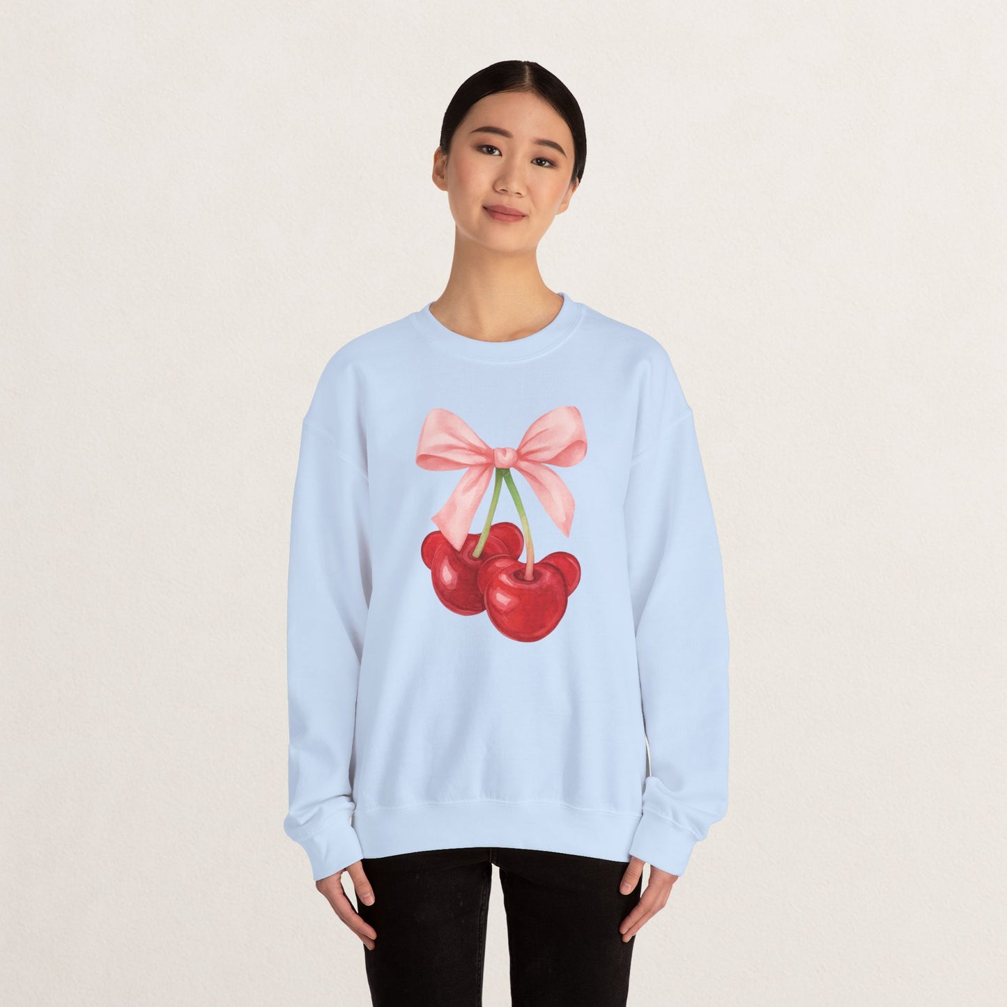 Cherry Bow Crewneck Sweatshirt, Cozy Cherry Sweatshirt, Cute Fruit Apparel, Gift for Her, Casual Fall Fashion