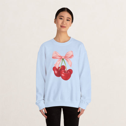 Cherry Bow Crewneck Sweatshirt, Cozy Cherry Sweatshirt, Cute Fruit Apparel, Gift for Her, Casual Fall Fashion