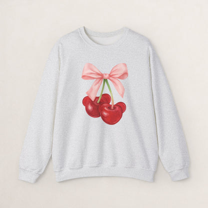 Cherry Bow Crewneck Sweatshirt, Cozy Cherry Sweatshirt, Cute Fruit Apparel, Gift for Her, Casual Fall Fashion