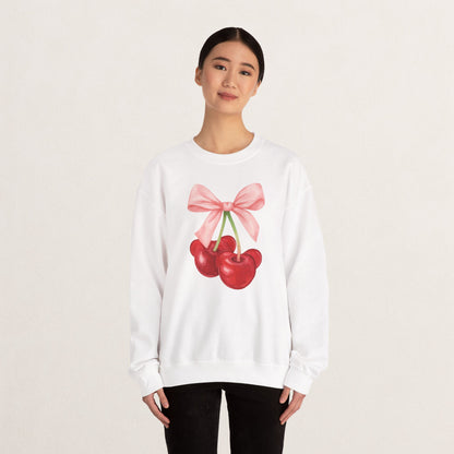 Cherry Bow Crewneck Sweatshirt, Cozy Cherry Sweatshirt, Cute Fruit Apparel, Gift for Her, Casual Fall Fashion