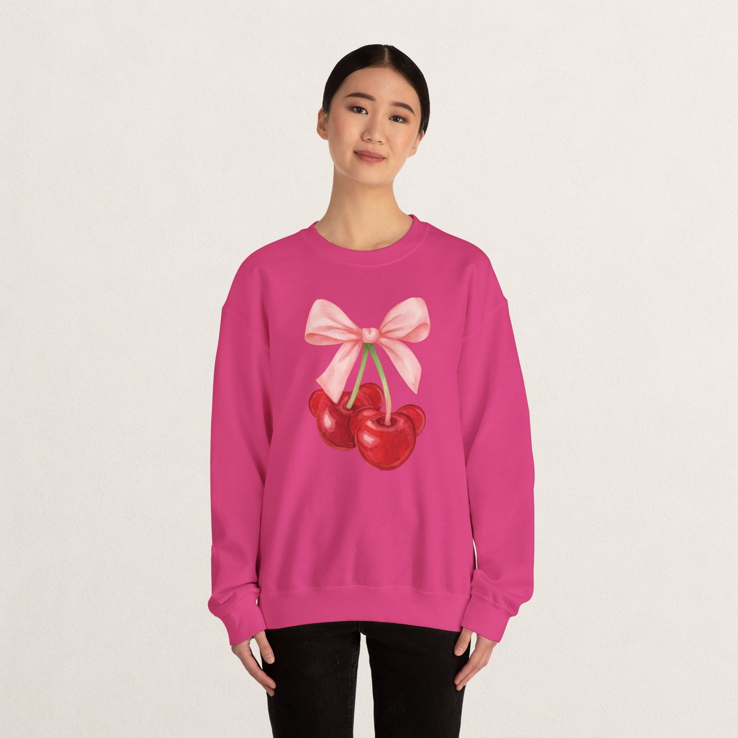 Cherry Bow Crewneck Sweatshirt, Cozy Cherry Sweatshirt, Cute Fruit Apparel, Gift for Her, Casual Fall Fashion